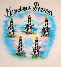 Airbrush t-shirt for parents, grandparents with lighthouses theme by BurrartDesign