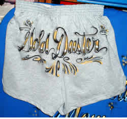 airbrush lettering on cheer shorts