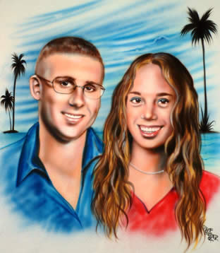 Airbrush double portrait of couple with beach scene