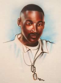 Airbrush portrait of soldier with tags