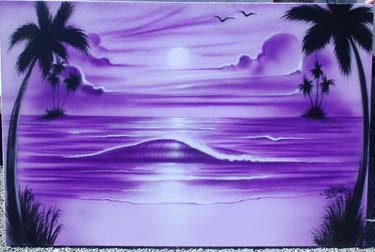 Purple ocean beach scene on canvas