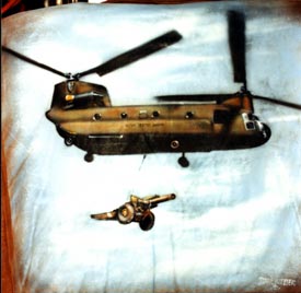 military helicopter on suede jacket