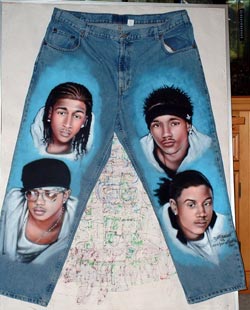 B2K portraits on denim jeans