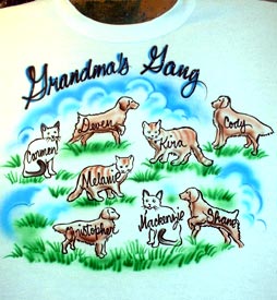 Airbrush t-shirt for mother, grandmother with dog and cat theme by BurrartDesign