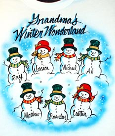Airbrush t-shirt for mothe, grandmother with snowmen theme by BurrartDesign